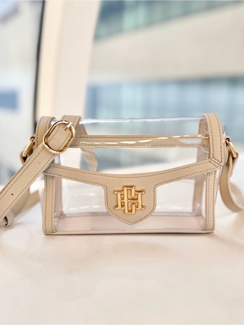 Beige Clear Crossbody Bag with Gold Logo Accent